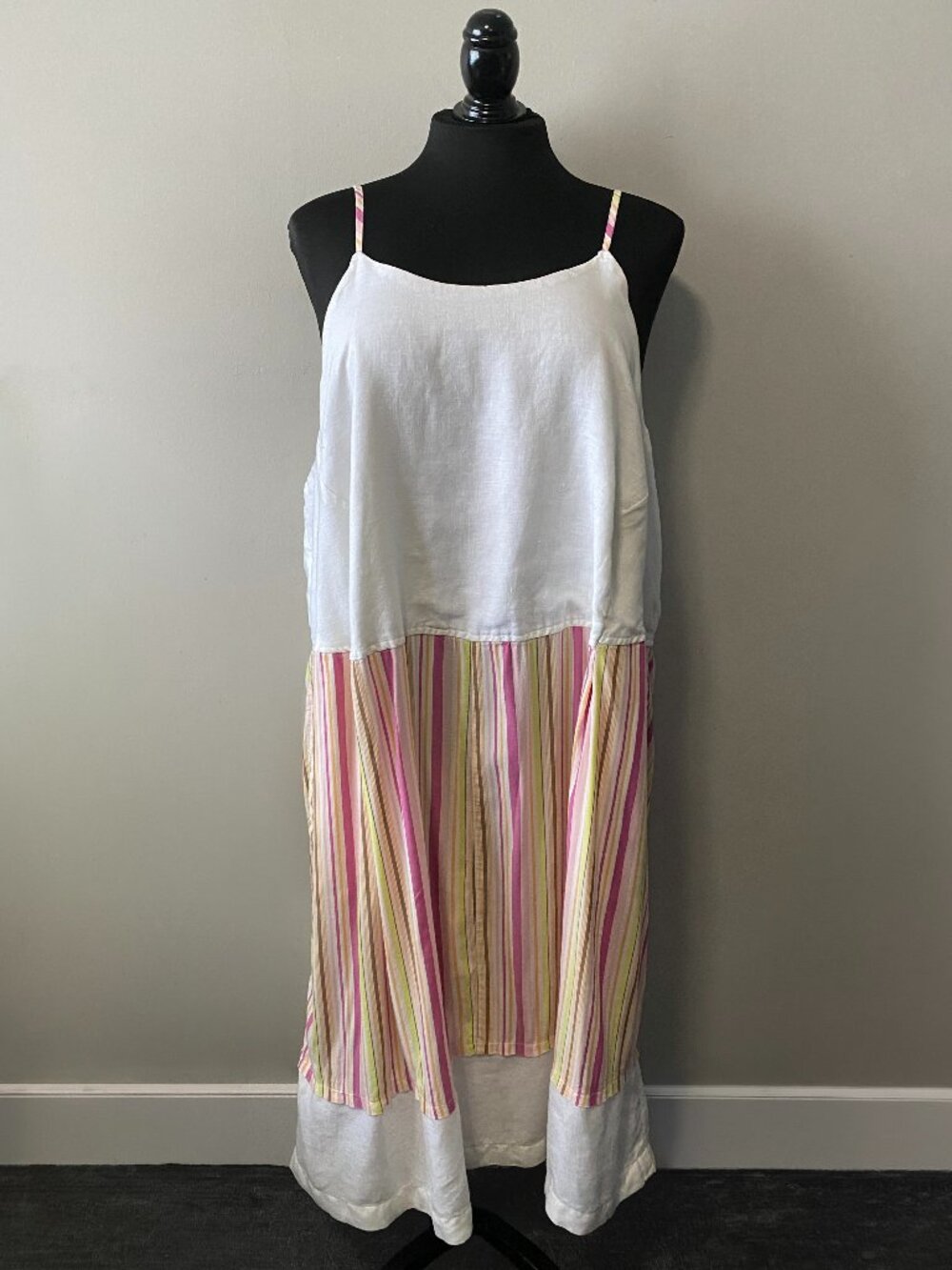 Handmade Plus Size Viscose Linen White Multi Color Stripes Strappy Pockets Dress